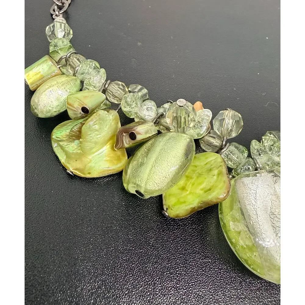 Green Mother of Pearl Glass Statement Necklace Gunmetal Adjustable 19-22”